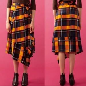 FRNCH Asymmetrical Plaid Skirt in Orange and Blue